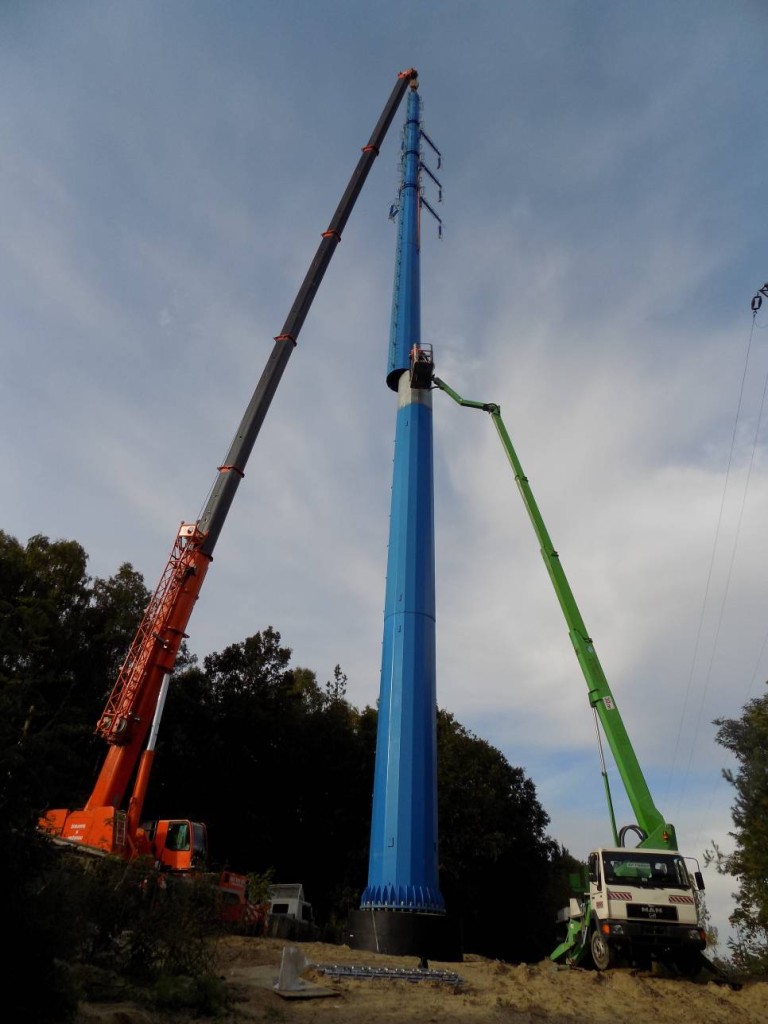 Żuraw samojezdny Demag AC120-1 o udźwigu 140 ton podczas montażu słupów energetycznych.
